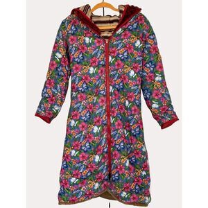 Mokwia Reversible Hooded Coat Faux Fur Stripe Floral Flannel 42 XS? S bv